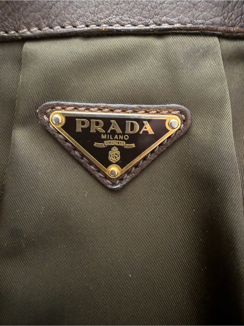 Vintage Dark Olive-Brown Prada Cervo-Trimmed Tessuto Handle Bag